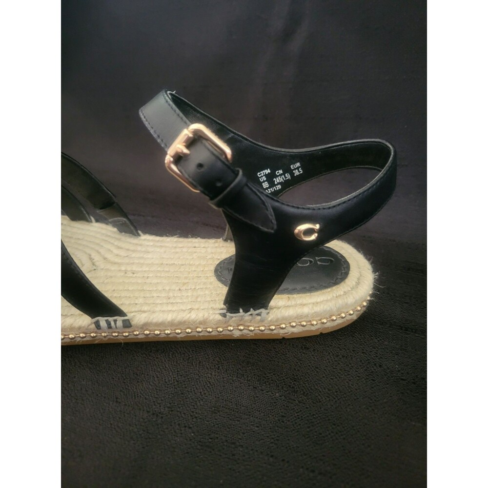 Coach Carissa Black Leather Espadrille Sandal Jute Gold Buckle 8B EUC - Picture 5 of 8